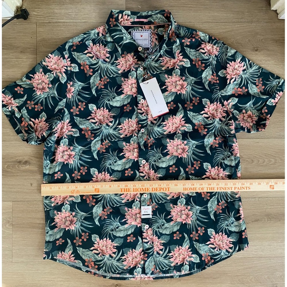 Denim & Flower Men’s XL NWT 100% Cotton Green Tropical Floral Hawaiian Shirt
